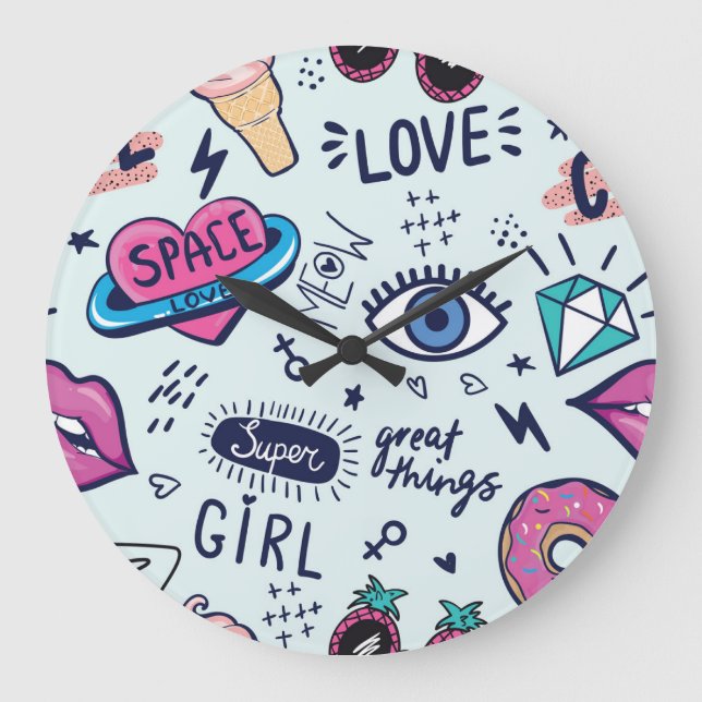 Reloj Redondo Grande Parche de Moda: Pegatinas de Pop Art. (Anverso)