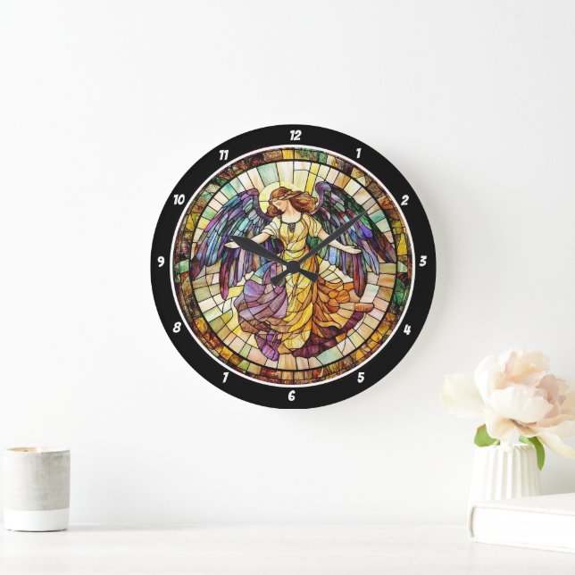 Reloj Redondo Grande Pared de ángel de vidrio manchado de radiación div (Hogar)
