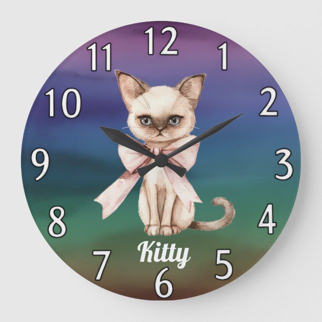 Reloj Redondo Grande Pared personalizada de acuarela y foto de gato y n (Anverso)