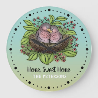 Reloj Redondo Grande Pareja de aves amorosas en casa dulce hogar Nest