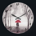 Reloj Redondo Grande Pareja de enamorados con paraguas rojo rústico rom<br><div class="desc">Pintura en acuarela de paraguas rojo. Pareja enamorada con paraguas rojo. Obra de arte pintada a mano con esmero por mí. Perfecta para una novia, novia, esposa. Regalo de aniversario de bodas. Regalo del día de San Valentín. Puede agregar el nombre y la fecha arriba haciendo clic en: personalizar más....</div>