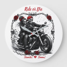 Reloj Redondo Grande Pareja de esqueletos personalizados 'Ride or Die'