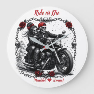 Reloj Redondo Grande Pareja de esqueletos personalizados 'Ride or Die'