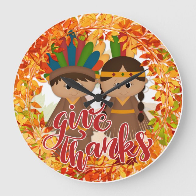 Reloj Redondo Grande Pareja nativa estadounidense - Dé las gracias (Anverso)