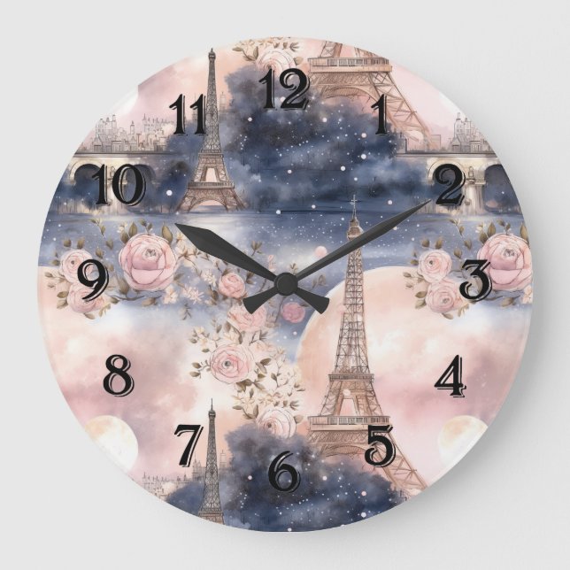 Reloj Redondo Grande Paris Eiffel Tower Pink Blue Floral (Anverso)