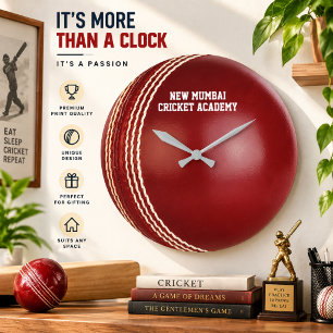 Reloj Redondo Grande Partido de Prueba Pelota de Cricket Roja con Texto