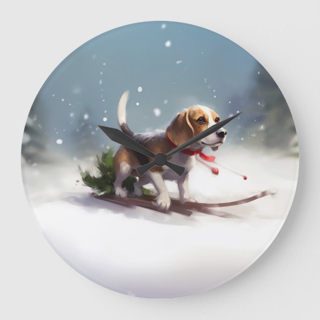 Reloj Redondo Grande Pascua de Navidad nieve invierno Beagle (Anverso)