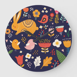 Reloj Redondo Grande Pascua de primavera: flores, colección de conejito