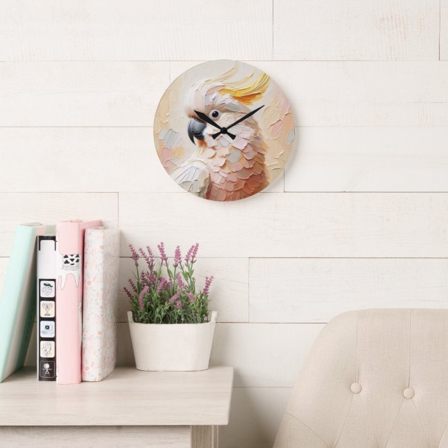 Reloj Redondo Grande Pastel Cockatoo Wall Clock – Soft Impasto Bird Art (Sala de lectura)