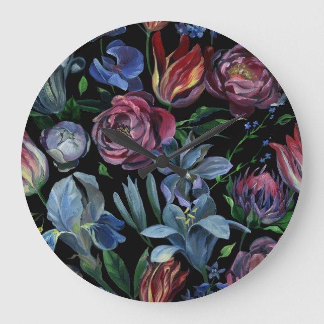 Reloj Redondo Grande Pastel de aceite floral: patrón sin foco (Anverso)