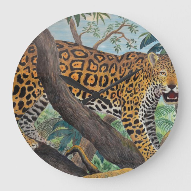 Reloj Redondo Grande Pastel jaguar: dibujo de la jungla. (Anverso)
