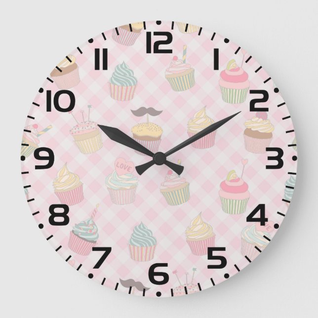 Reloj Redondo Grande Pastel Pink Gingham Cute Cupcakes Pattern (Anverso)