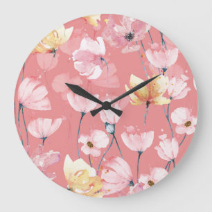 Reloj Redondo Grande Pastel Poppies: Floral acuarela sin soldadura.