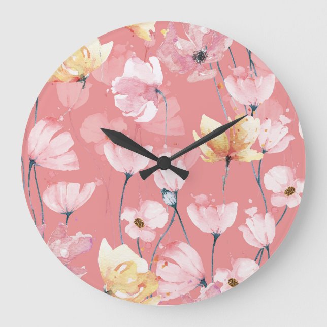 Reloj Redondo Grande Pastel Poppies: Floral acuarela sin soldadura. (Anverso)