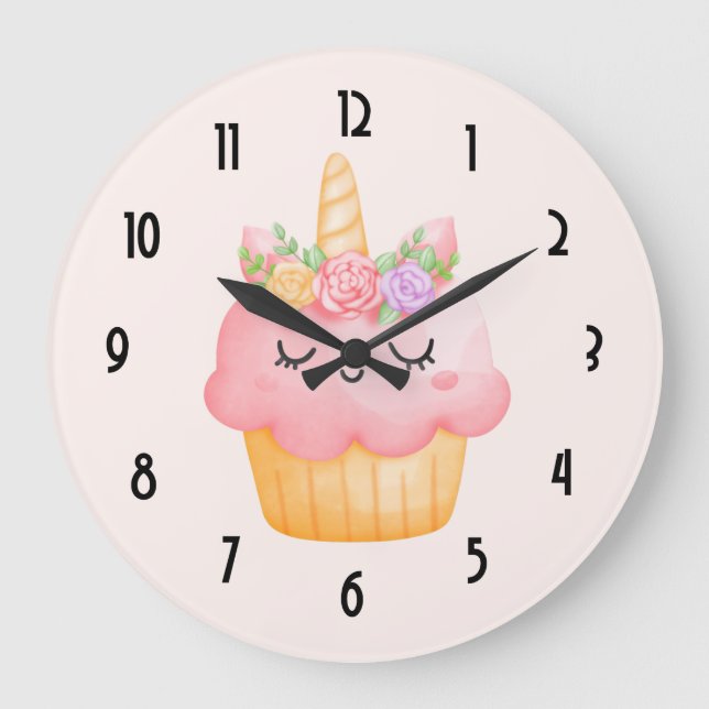 Reloj Redondo Grande Pastel rosa dulce Unicornio con Rosas (Anverso)