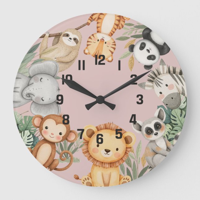 Reloj Redondo Grande Pastel Tropical Salvaje Una Selva Animales Safari (Anverso)