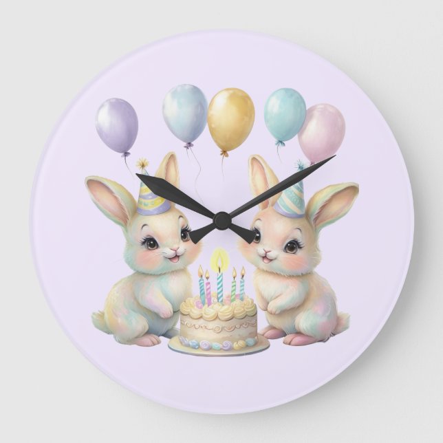 Reloj Redondo Grande Pastel Whimsical Bunny Twins Birthday wall clock  (Anverso)