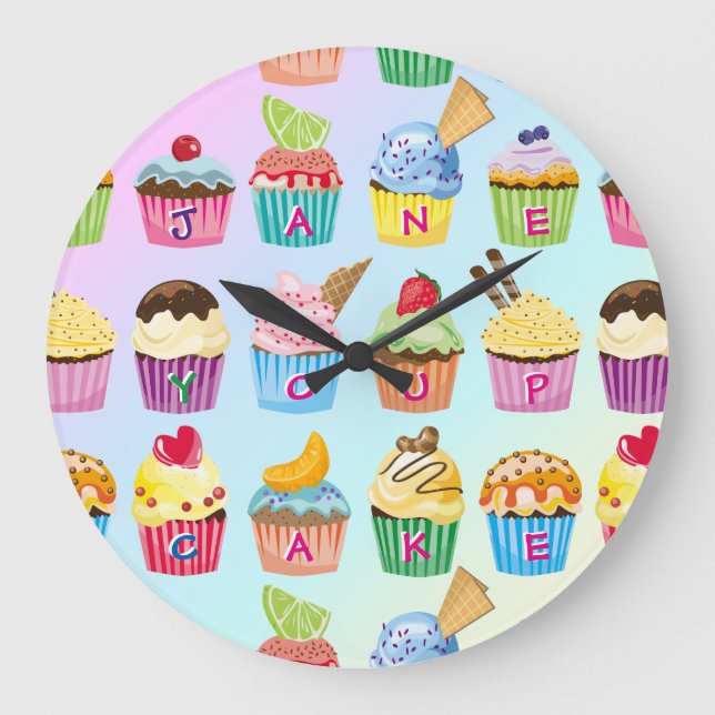 Reloj Redondo Grande Pasteles Añadir su nombre Monograma Deliciosos Tra (Anverso)