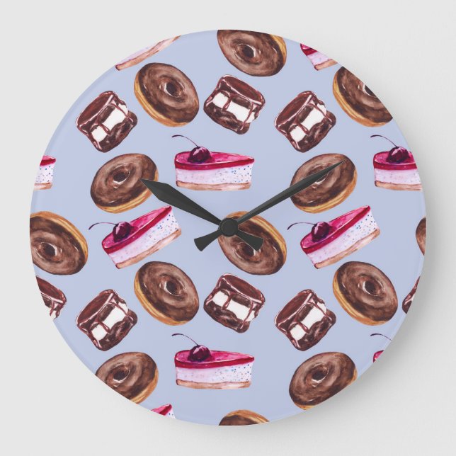 Reloj Redondo Grande Pasteles dulces: Comida Seamless de Acuarela (Anverso)