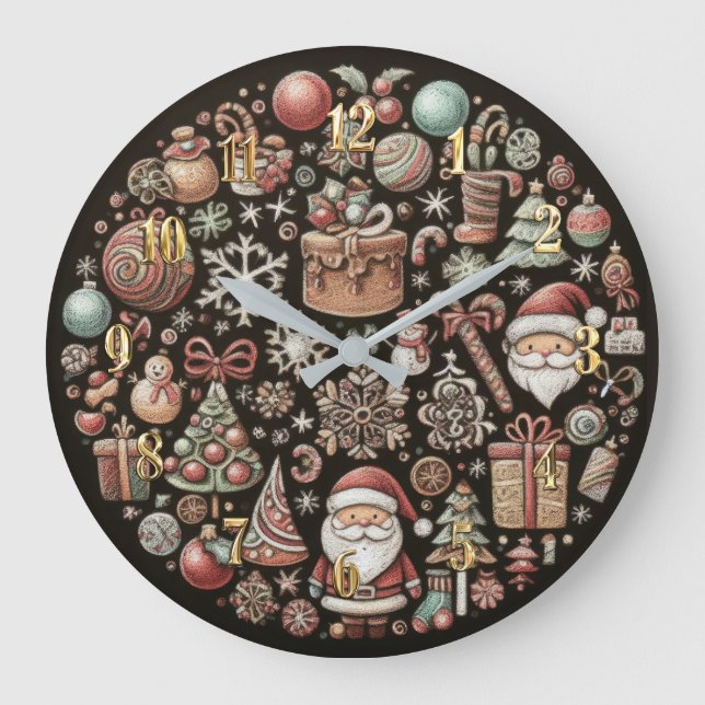 Reloj Redondo Grande Pasteles duros dibujando motivos de Navidades (Anverso)