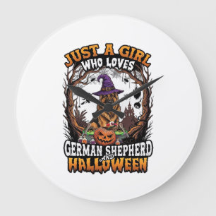 Reloj Redondo Grande Pastor Alemán Halloween Perro Bruja Sombrero Calab