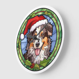 Reloj Redondo Grande Pastor Australiano Vidrio Rojizo Navidad