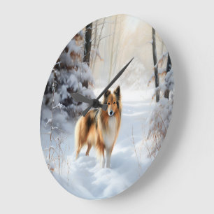 Reloj Redondo Grande Pastor de Shetland Deja que nieve Navidad