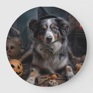Reloj Redondo Grande Pastores Australianos Calabazas Halloween Espeluzn