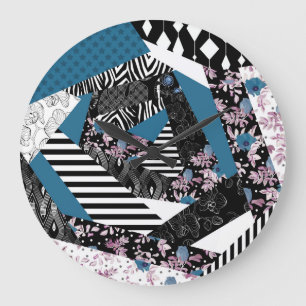 Reloj Redondo Grande Patchwork azul, popular, retoques, folclórico, rús