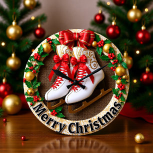 Reloj Redondo Grande Patinaje sobre hielo Feliz Navidad
