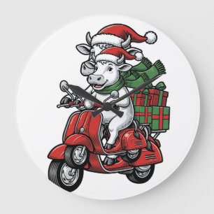 Reloj Redondo Grande Patinete divertido de montar vaca de Navidad diseñ