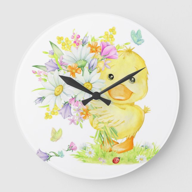Reloj Redondo Grande Pato Amarillo Y Bouquet (Anverso)