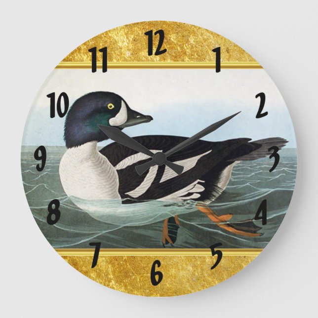 Reloj Redondo Grande Patos mallard blancos y negros nadando en agua (Anverso)