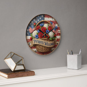 Reloj Redondo Grande Patriotas Bienvenidos Floral Americana