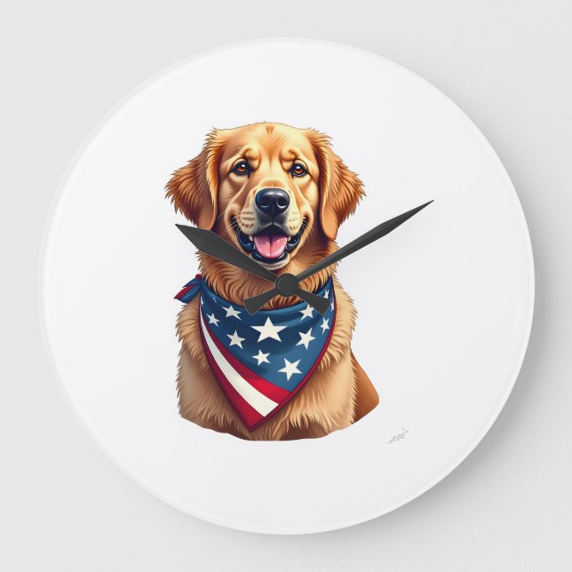 Reloj Redondo Grande Patriotic Golden Retriever Vintage Engraving Shirt (Anverso)