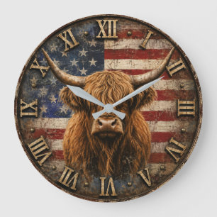 Reloj Redondo Grande Patriotic Highland Cow American Flag Rustic