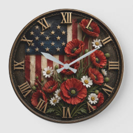 Reloj Redondo Grande Patriotic Poppy Flowers American USA Flag Floral