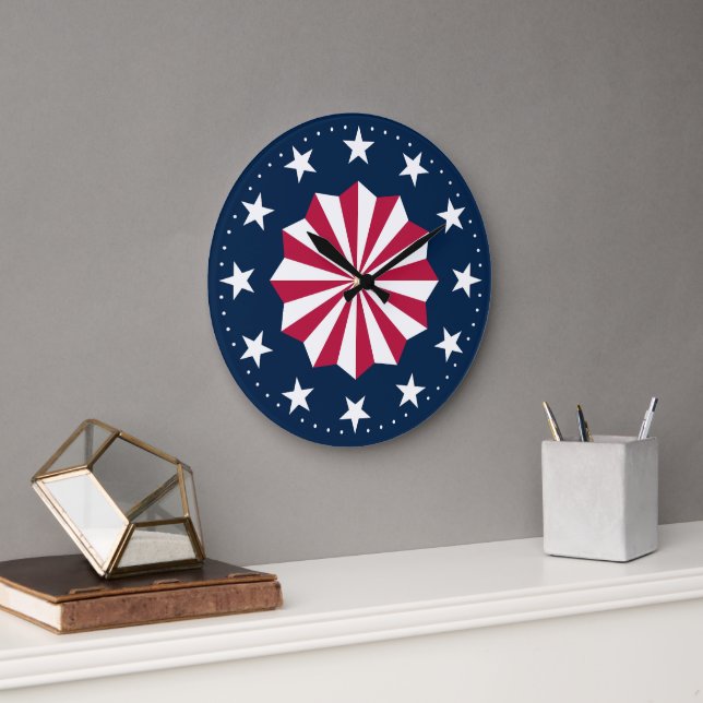 Reloj Redondo Grande Patriotic Red White Blue Stars Stripes Rosette (Oficina)