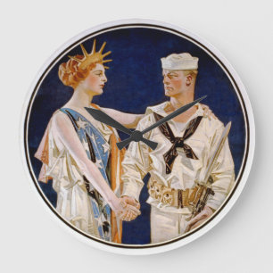 Reloj Redondo Grande Patriotismo Antiguo, Lady Liberty con Marinero de 