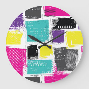 Reloj Redondo Grande Patrón abstracto de cuadrados retro de neón