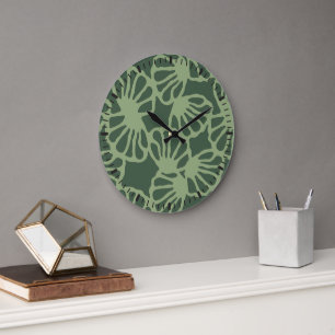 Reloj Redondo Grande Patrón abstracto floral de coral verde salvia sin