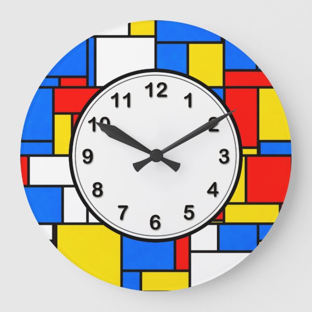 Reloj Redondo Grande Patrón amarillo rojo azul de inspiración mondriana (Anverso)