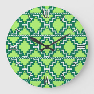 Reloj Redondo Grande Patrón Aztec de Ikat - Verde del bosque y el limón