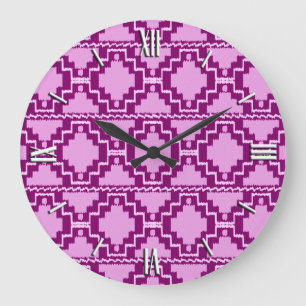 Reloj Redondo Grande Patrón Aztec Ikat - Ametist púrpura y violeta