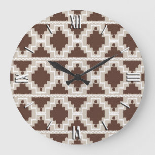 Reloj Redondo Grande Patrón Aztec Ikat - Marrón chocolate y tafetán