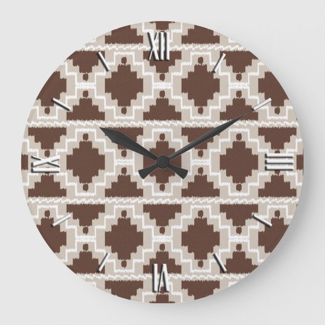 Reloj Redondo Grande Patrón Aztec Ikat - Marrón chocolate y tafetán (Anverso)