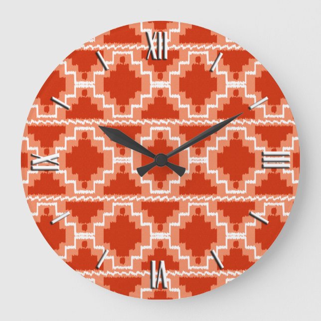 Reloj Redondo Grande Patrón Aztec Ikat: óxido, Naranja y blanco (Anverso)