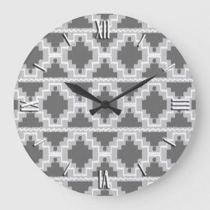 Reloj Redondo Grande Patrón Azteca Ikat - Gris oscuro y claro