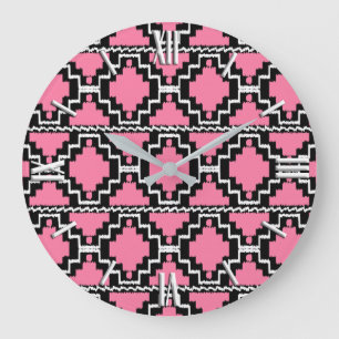 Reloj Redondo Grande Patrón Azteca Ikat - Rosa Fuchsia, Negro y Blanco