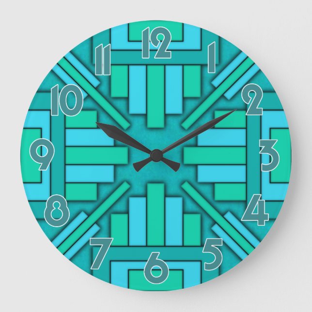 Reloj Redondo Grande Patrón azul verde geométrico Verde azulado del Art (Anverso)